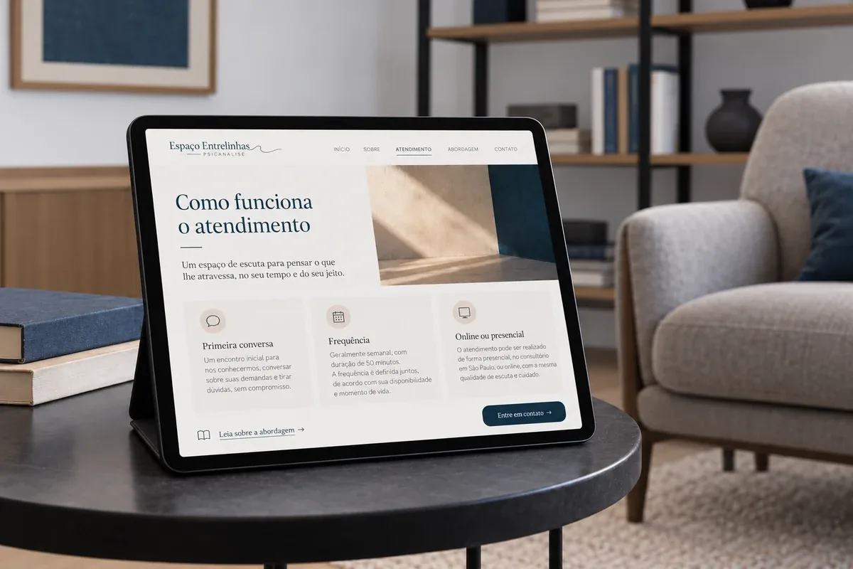 Página sobre o funcionamento do atendimento no site fictício Espaço Entrelinhas
