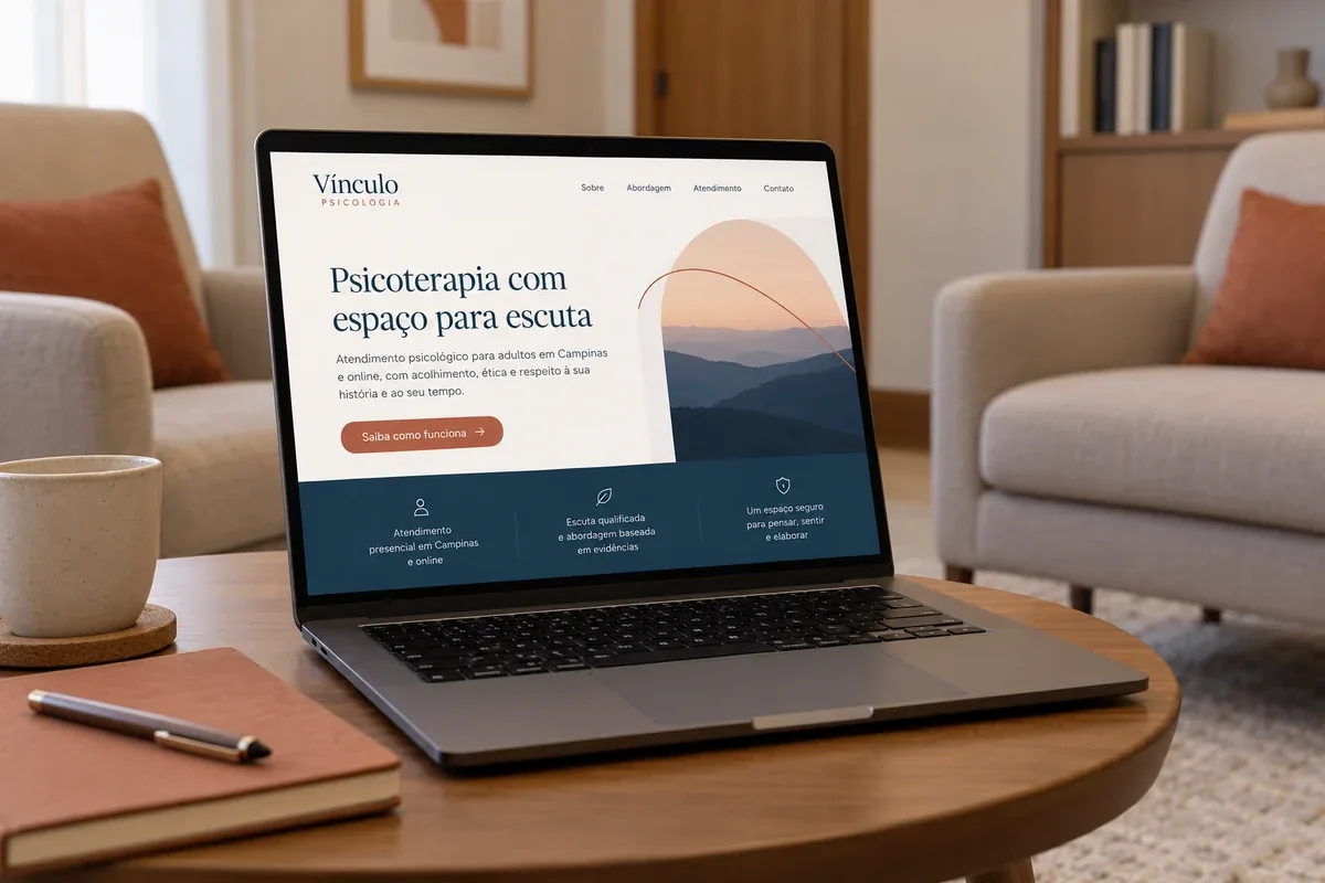 Mockup do site fictício Vínculo Psicologia para apresentação de psicoterapia