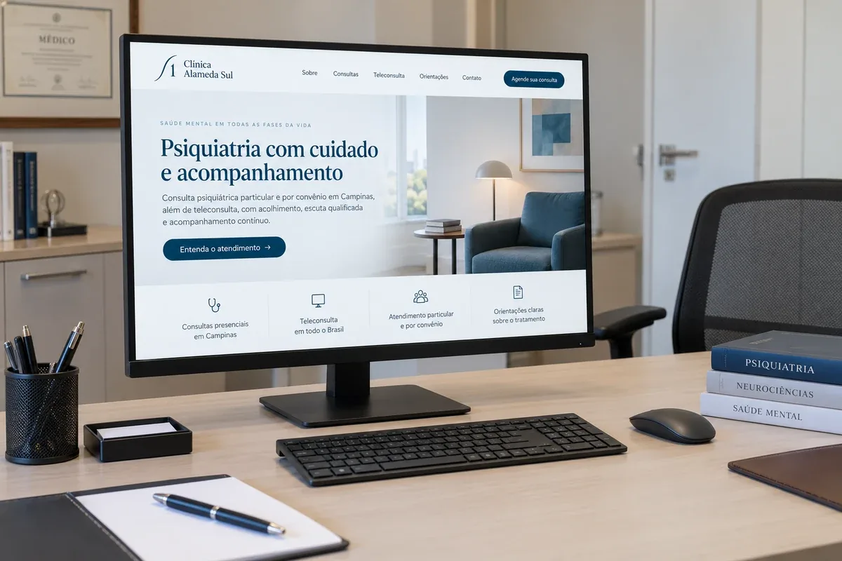 Mockup do site fictício Clínica Alameda Sul com informações de acompanhamento psiquiátrico