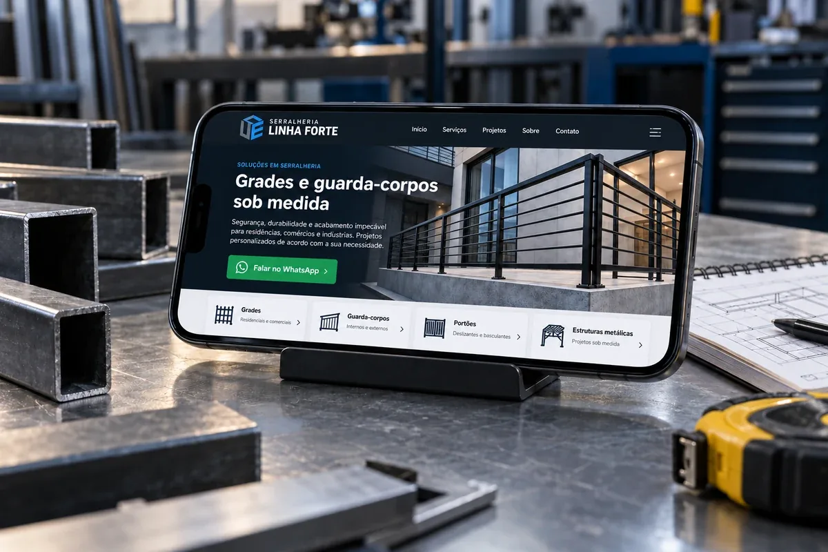 Mockup responsivo da Serralheria Linha Forte, com serviços de grades e guarda-corpos sob medida