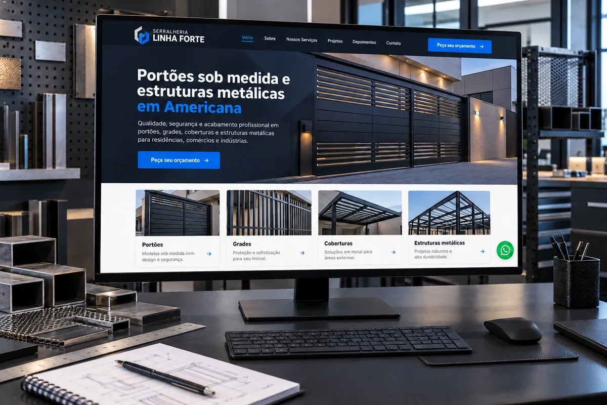 Mockup de site fictício da Serralheria Linha Forte, com portões sob medida em Americana