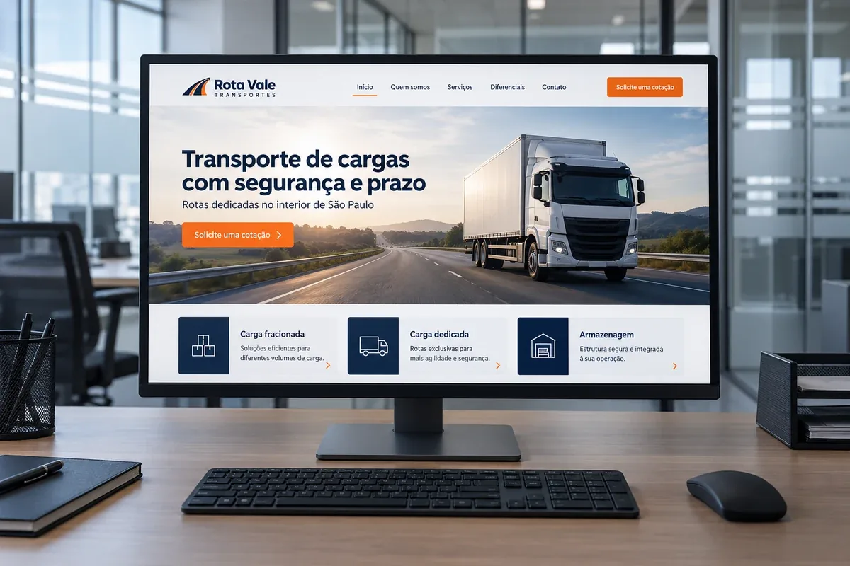 Mockup de site fictício da Rota Vale Transportes apresentando transporte de cargas