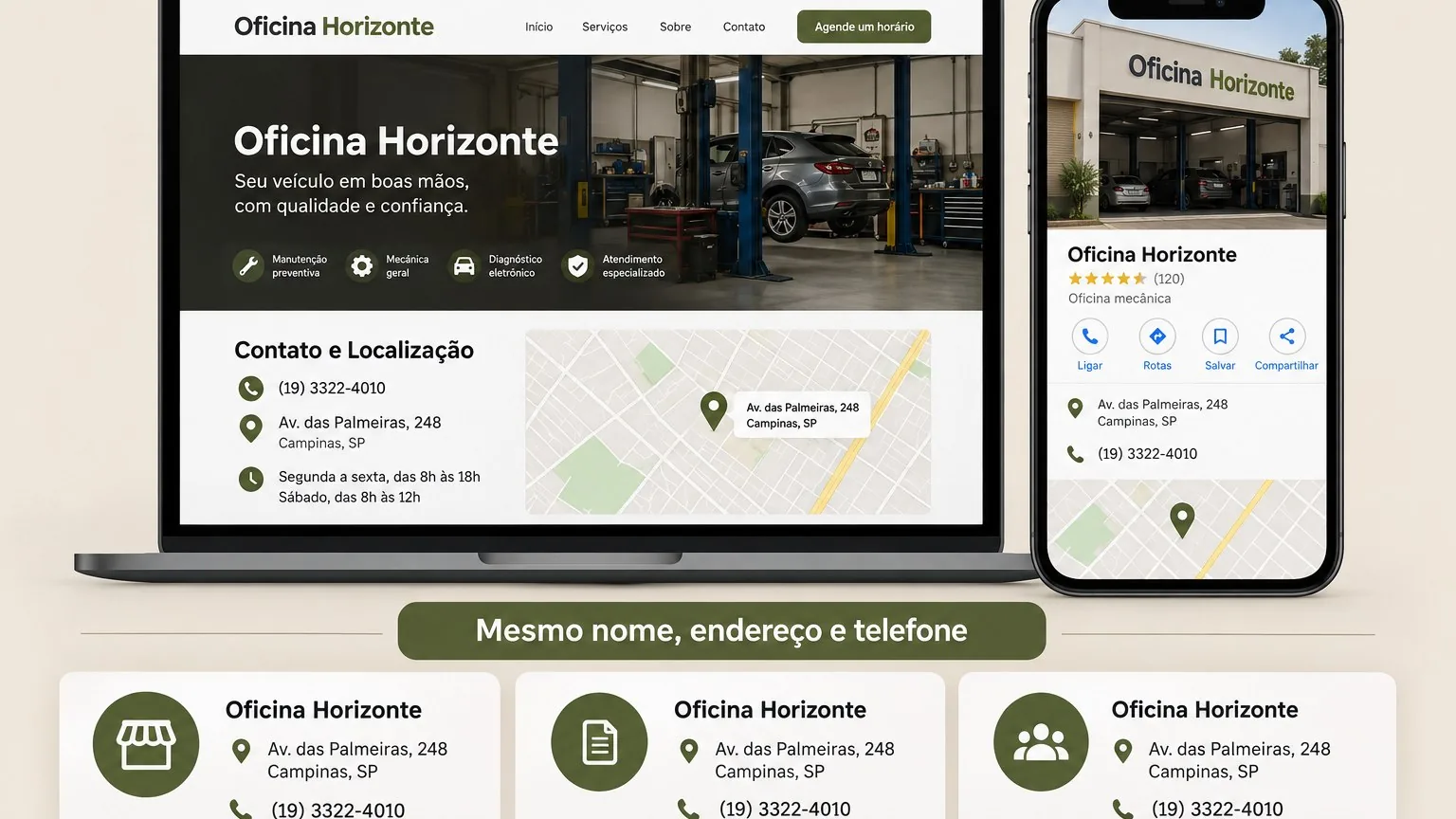 Monitor e celular com o site e o perfil fictícios da Oficina Horizonte mostrando o mesmo nome, endereço e telefone em Campinas