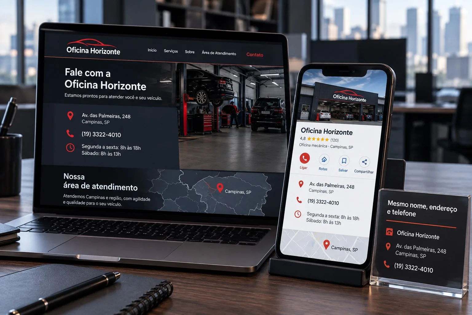 Site e perfil local da Oficina Horizonte com endereço e telefone consistentes