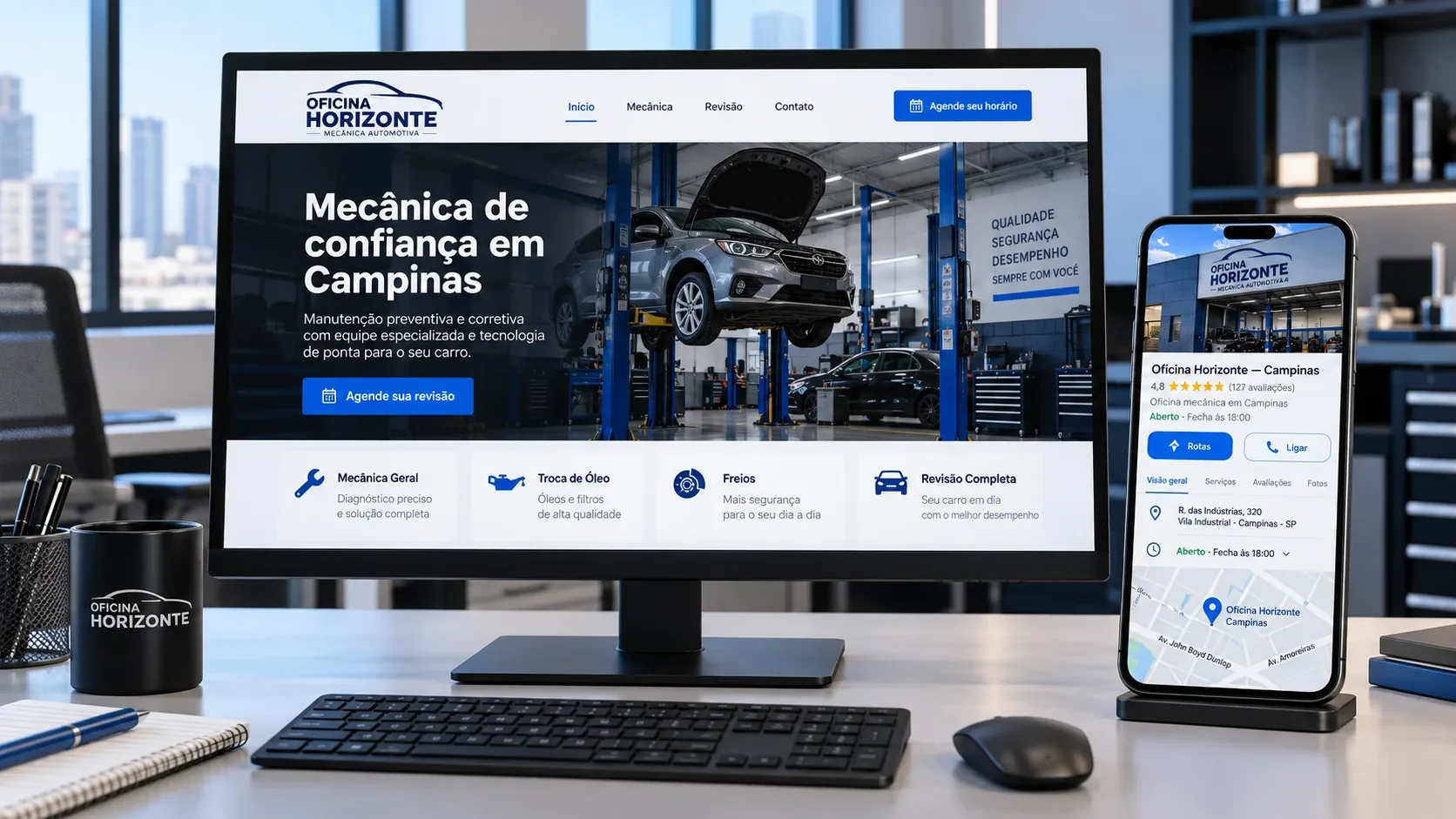 Monitor com o site da Oficina Horizonte e celular com perfil local e mapa de Campinas, ambos completos