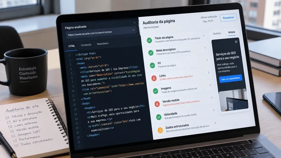 Notebook com o código de uma página e a lista de verificação da auditoria de site, ao lado de anotações em papel