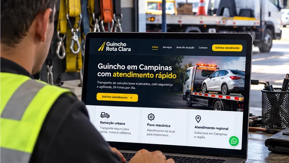 Site fictício de guincho em Campinas aberto no notebook