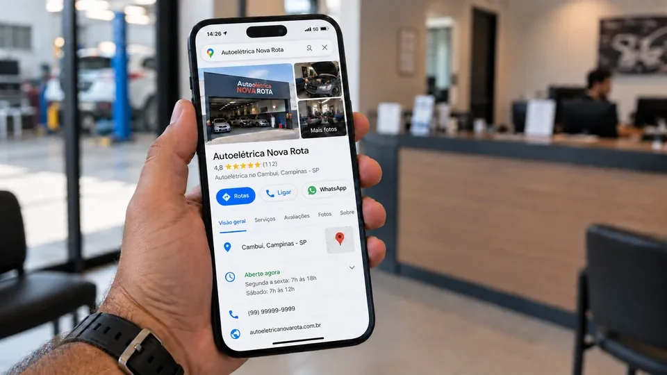 Mão segurando o celular com o Perfil da Empresa no Google da Autoelétrica Nova Rota, fictícia, com avaliações e mapa