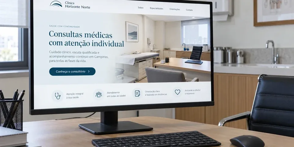 Monitor com o site fictício da Clínica Horizonte Norte, de consultas médicas, sobre a mesa de uma recepção