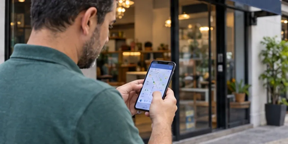 Homem consultando o mapa do Google no celular na porta de uma loja