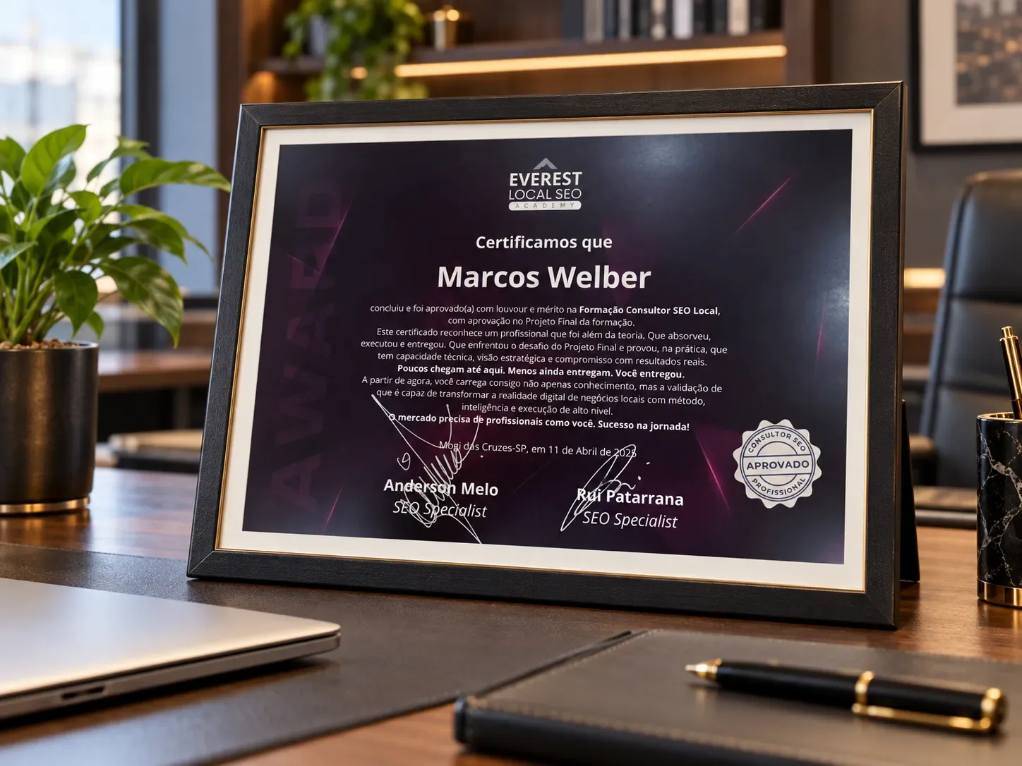 Certificado de conclusão da Formação Consultor SEO Local de Marcos Welber